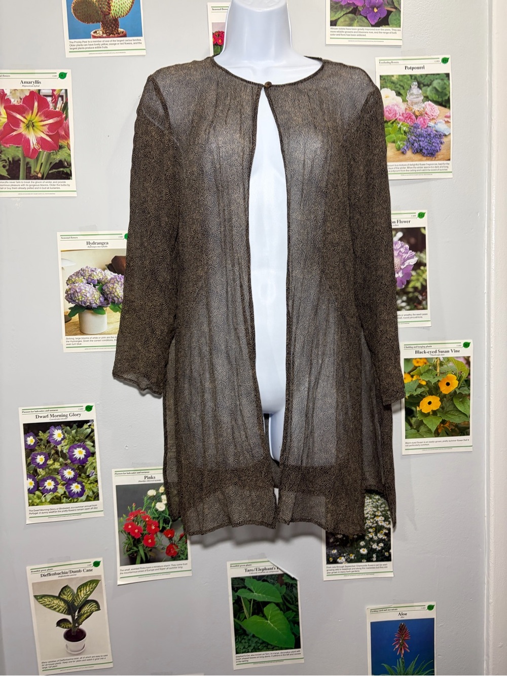 Robbie Bee Sheer Open-Front Long Cardigan in Brown